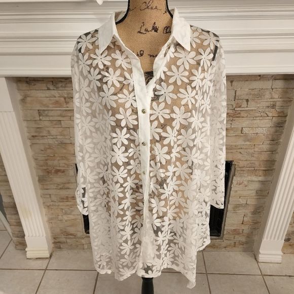 None Tops - Siren Lily floral tunic length coverup semi sheer burnout button down shirt plus